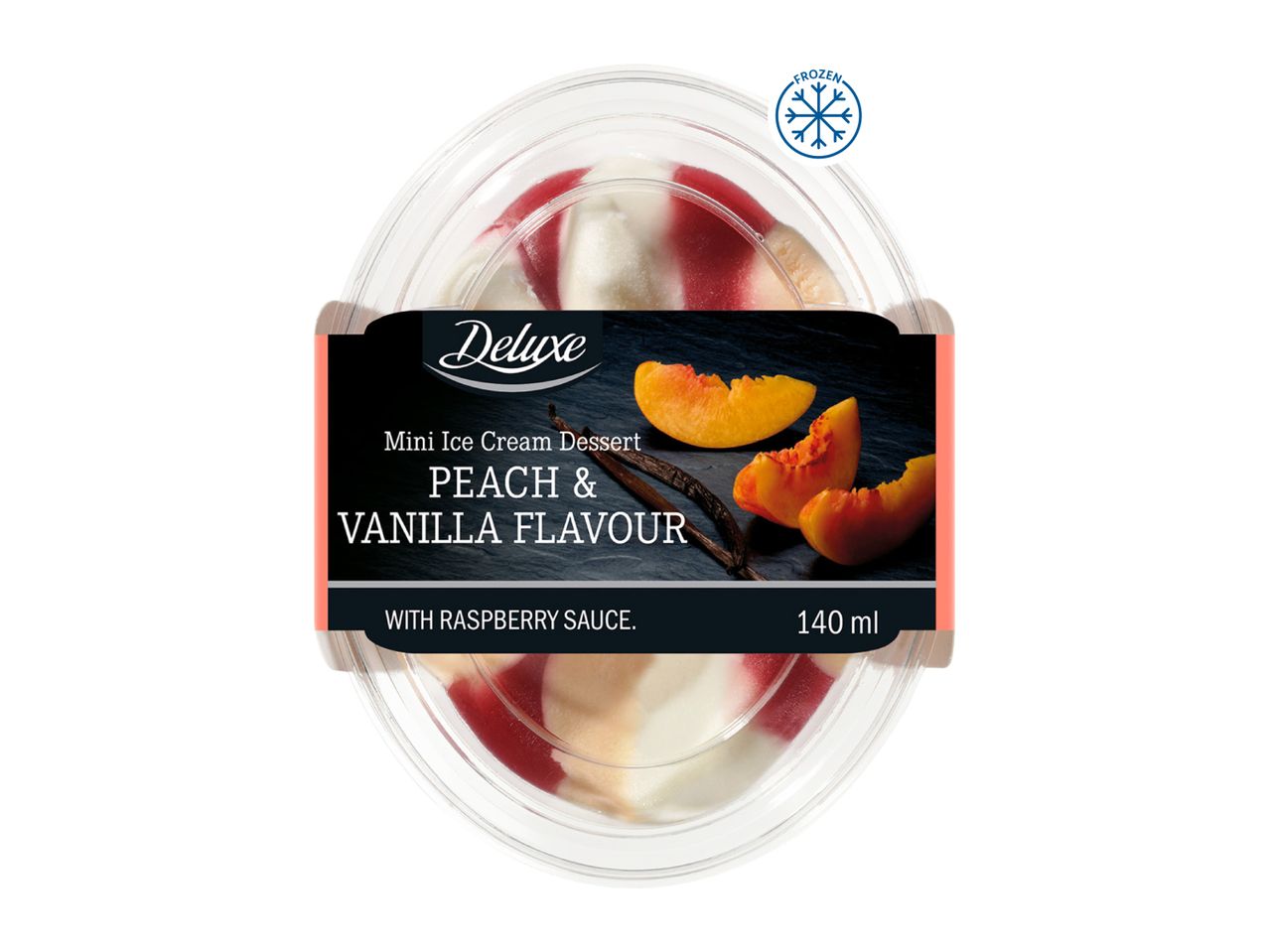 Mini ice cream dessert with peach and vanilla flavor, with raspberry sauce, 140 ml, frozen.