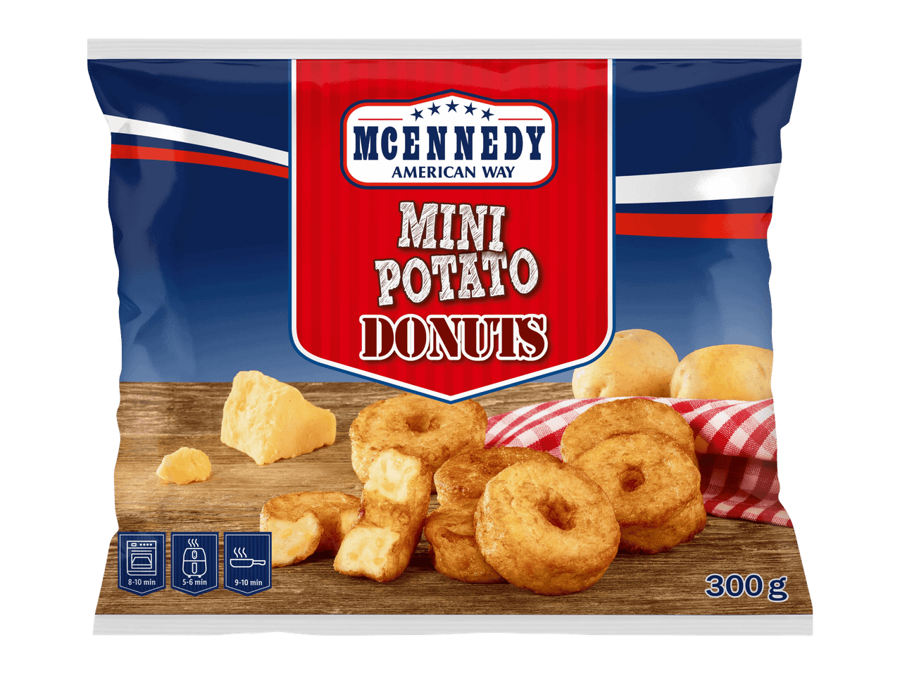 Pakkaus perunadonitseja juustotäytteellä, paino 300 g.
