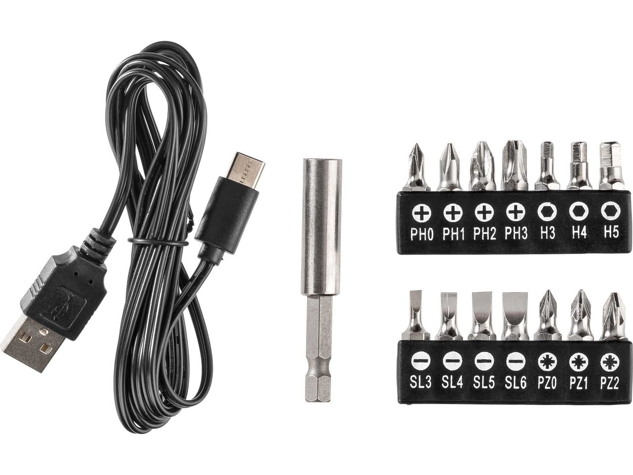 USB-kábel, mágneses bittartó és csavarhúzó bitek készlete.