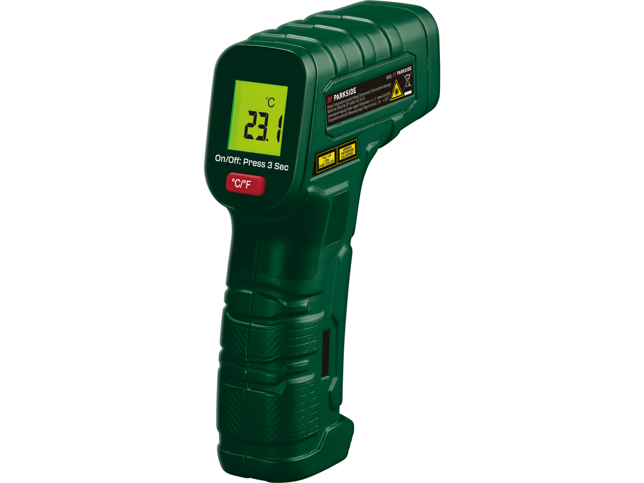 Roheline infrapunatermomeeter digitaalse ekraaniga, mis näitab 23.1°C.