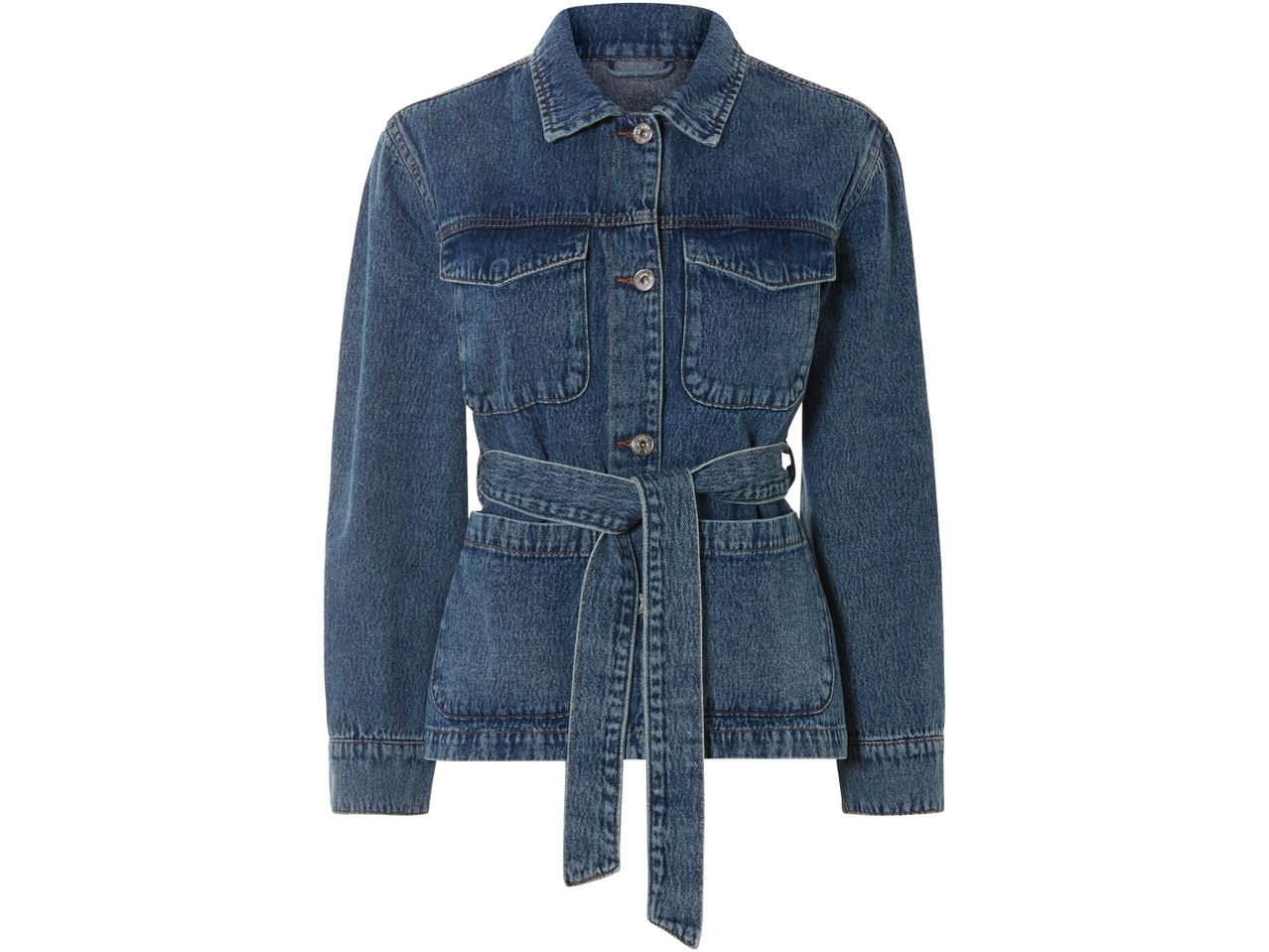 Giacca di jeans blu con cintura in vita e tasche sul petto.