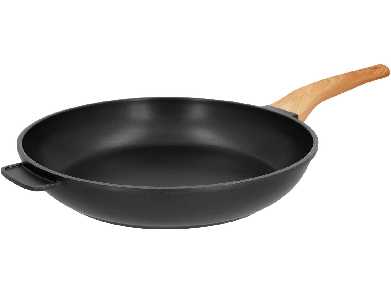 Black frying pan with a wooden handle and an additional small handle.