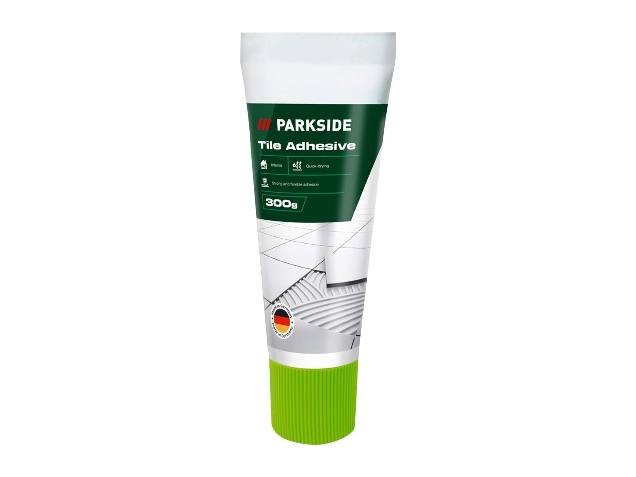 White and green tube of tile adhesive, 300g, with features like quick-drying and strong adhesion.