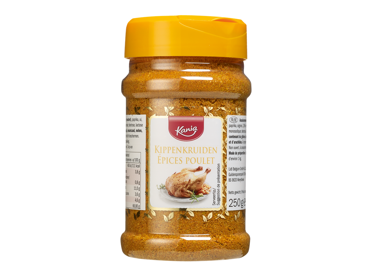 Épices pour poulet Kania dans un pot transparent avec un couvercle jaune, montrant un poulet rôti sur l'étiquette.