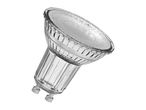 Clear glass GU10 LED spotlight bulb on a white background