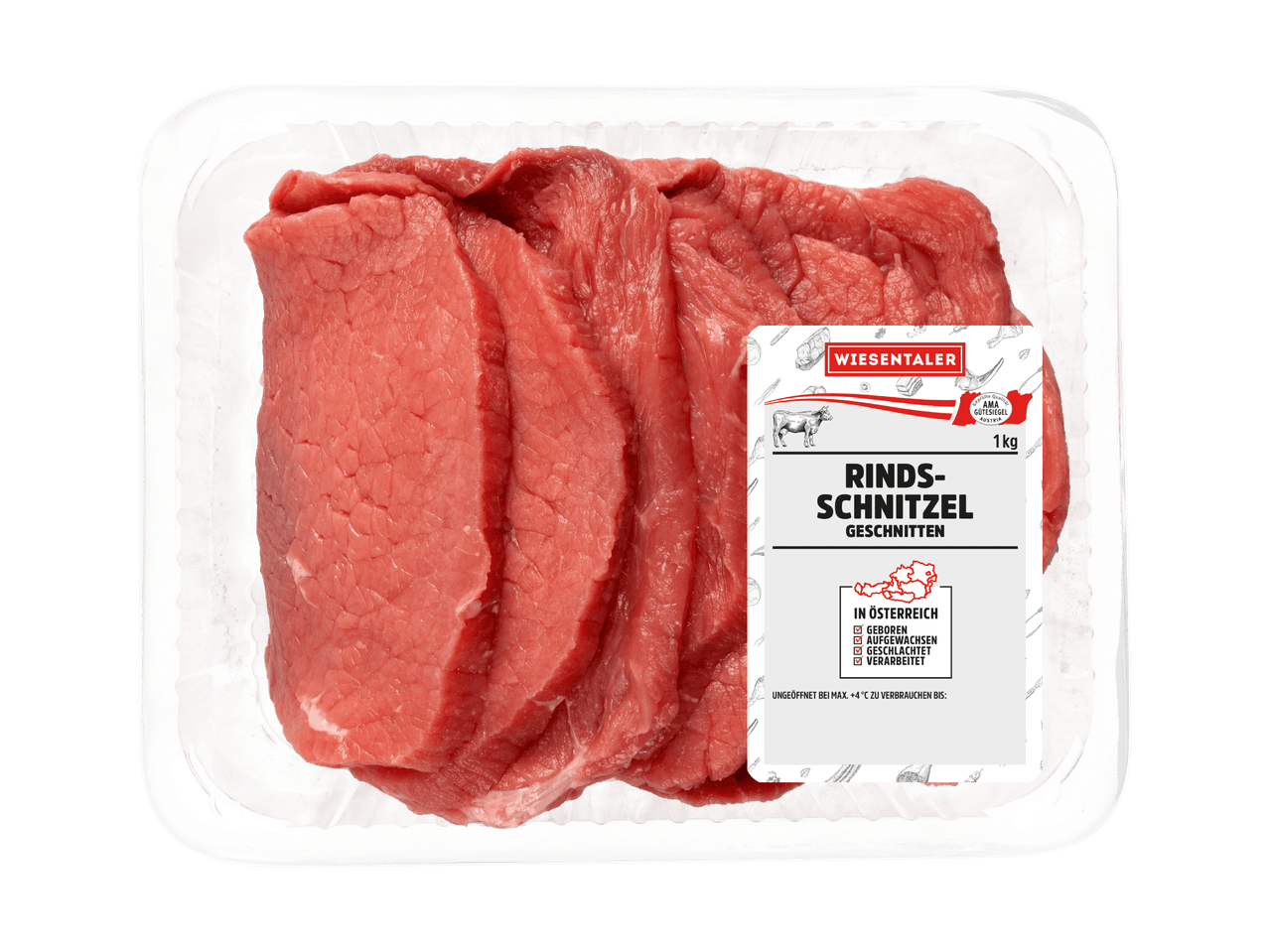 Verpacktes Rindfleisch mit dem Markennamen Wiesentaler und der Aufschrift „Rinds-Schnitzel geschnitten“.