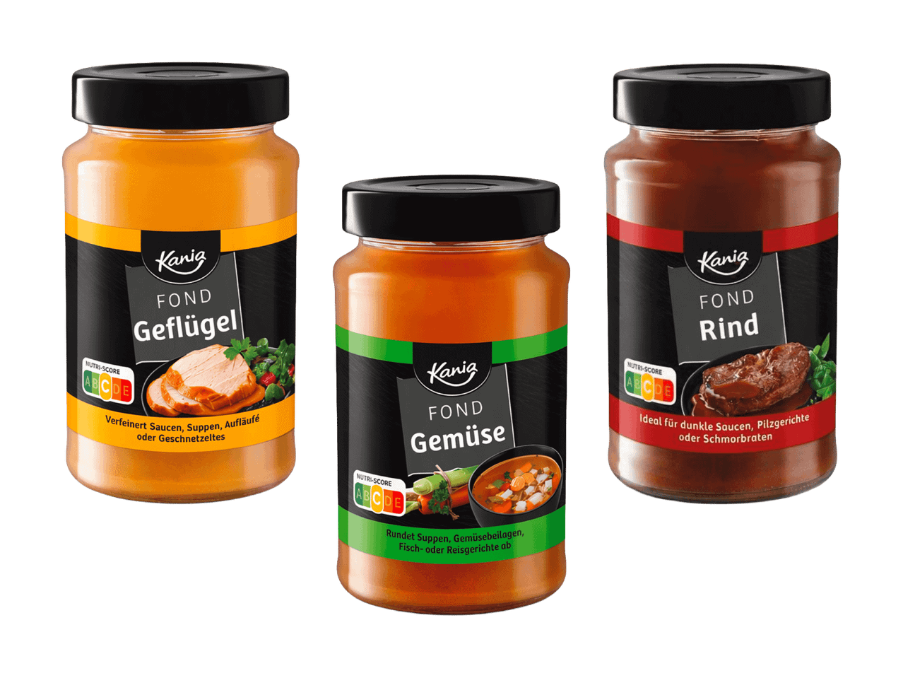 Drei Gläser mit Geflügel-, Gemüse- und Rinderfond auf schwarzem Hintergrund.