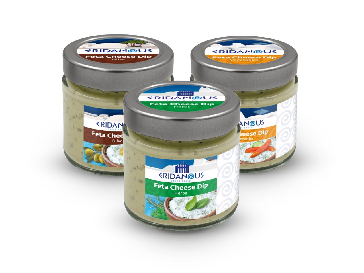 Tri staklenke Eridanous feta sira za umakanje: maslina, povrće i začinsko bilje.