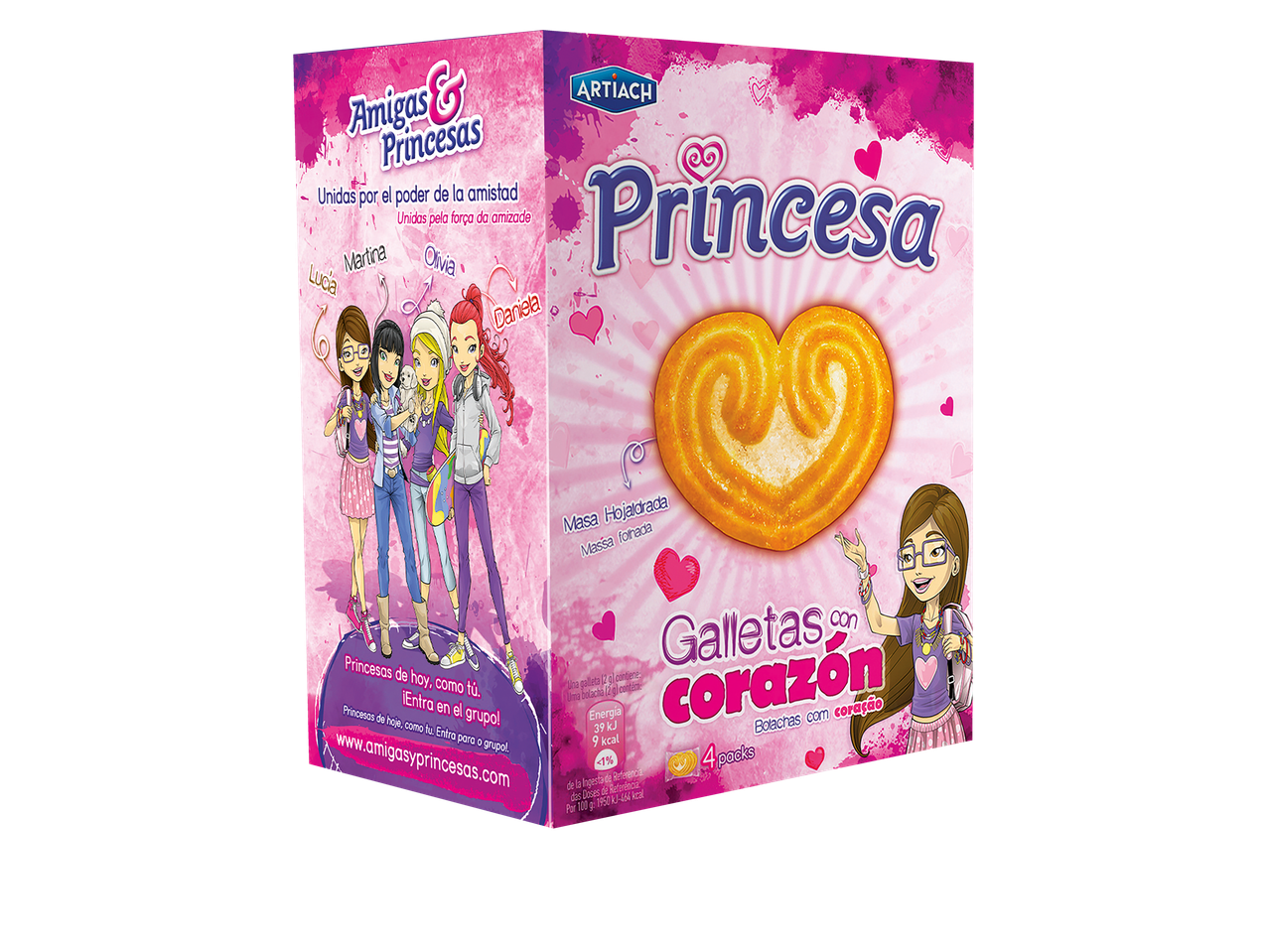 Biscoitos de massa folhada em forma de coração Artiach Princesa com raparigas de desenho animado na caixa.