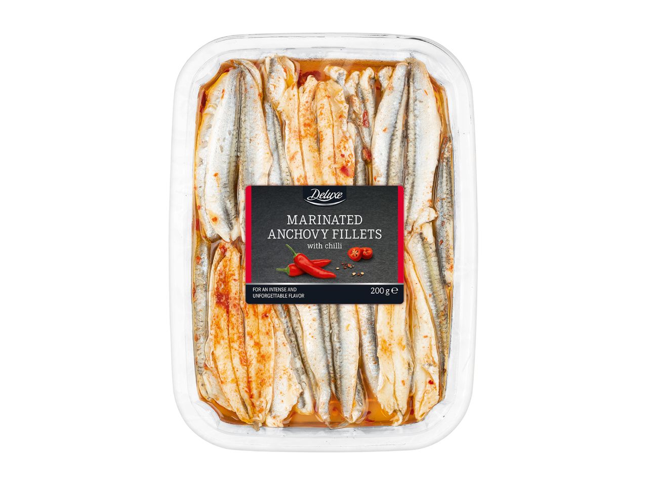 Marinated anchovy fillets with chili in a clear plastic tray, 200g.