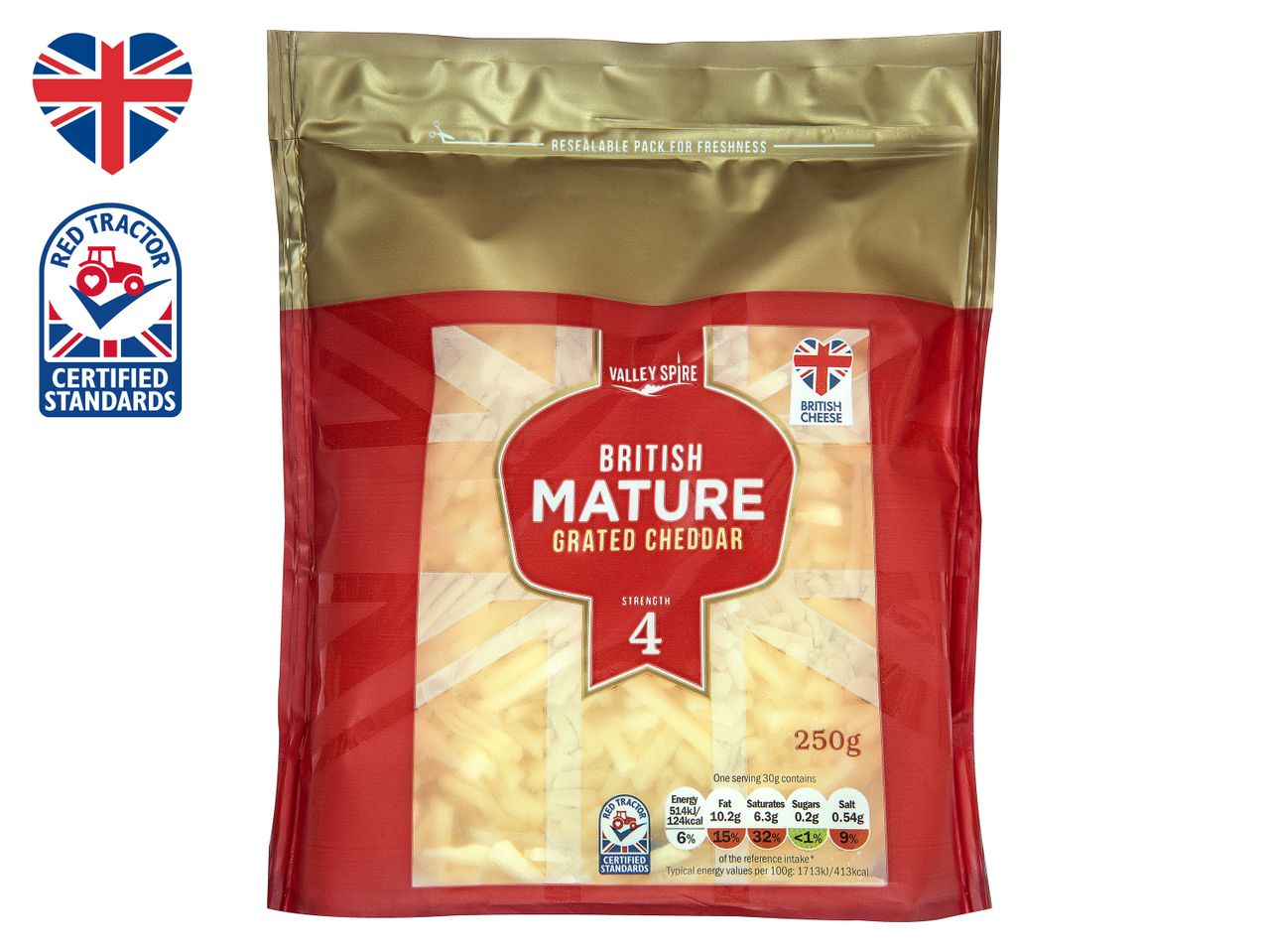 Go to full screen view: Valley Spire British Mature Grated Cheddar - Image 1