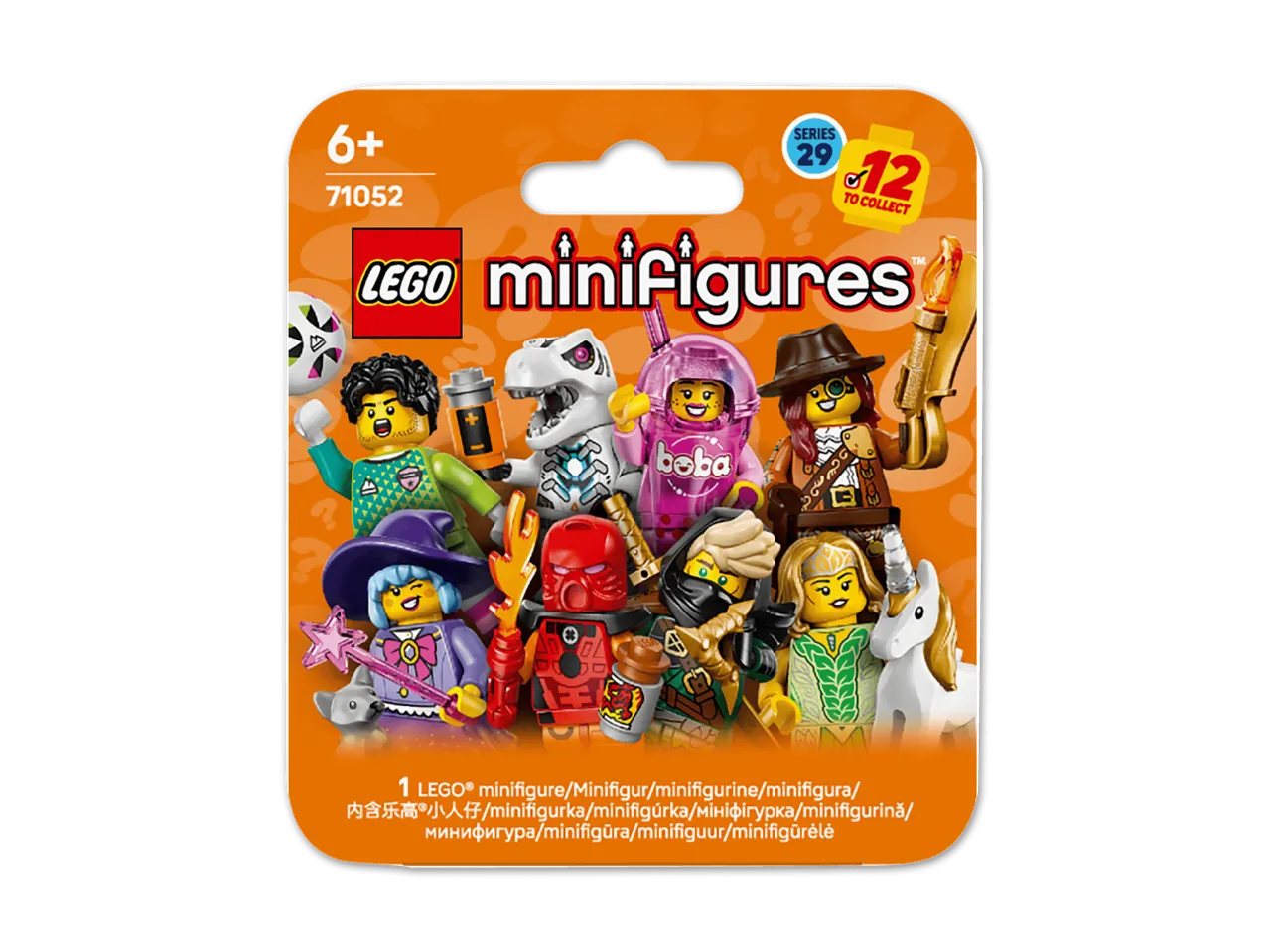 Verpackung für Sammelfiguren-Serie 29 mit 12 verschiedenen Minifiguren, darunter ein Dinosaurier und eine Hexe.