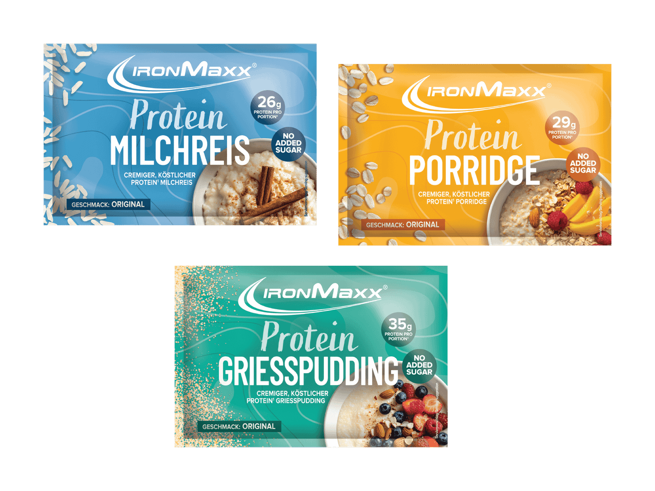 Trois sachets de préparation pour desserts protéinés : riz au lait, porridge et pudding de semoule.