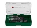 Drill bit set in a green case with a clear lid, showing various sizes from 3mm to 10mm.