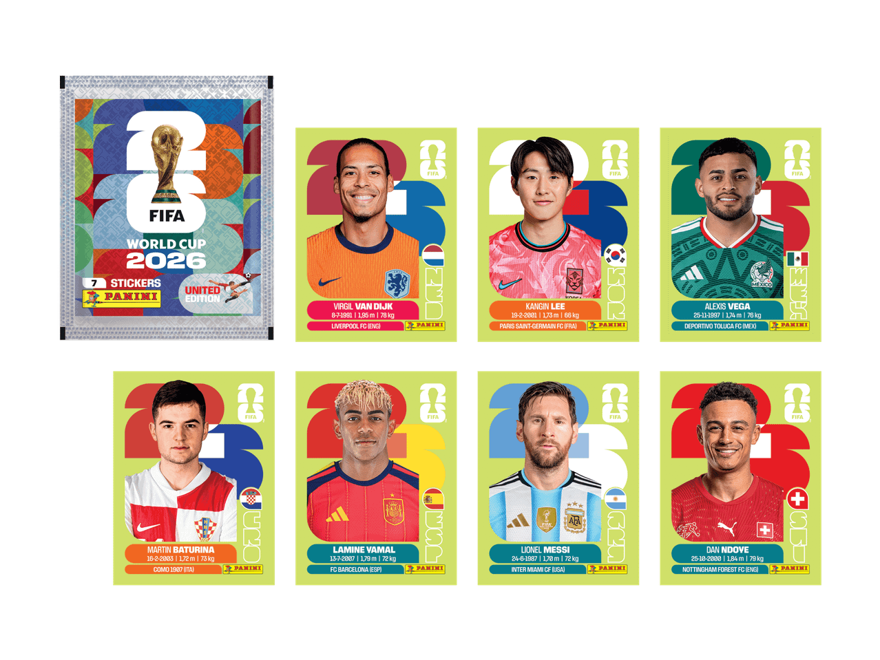 WM 2026 Stickerpack und acht Fußballspieler-Sammelbilder.