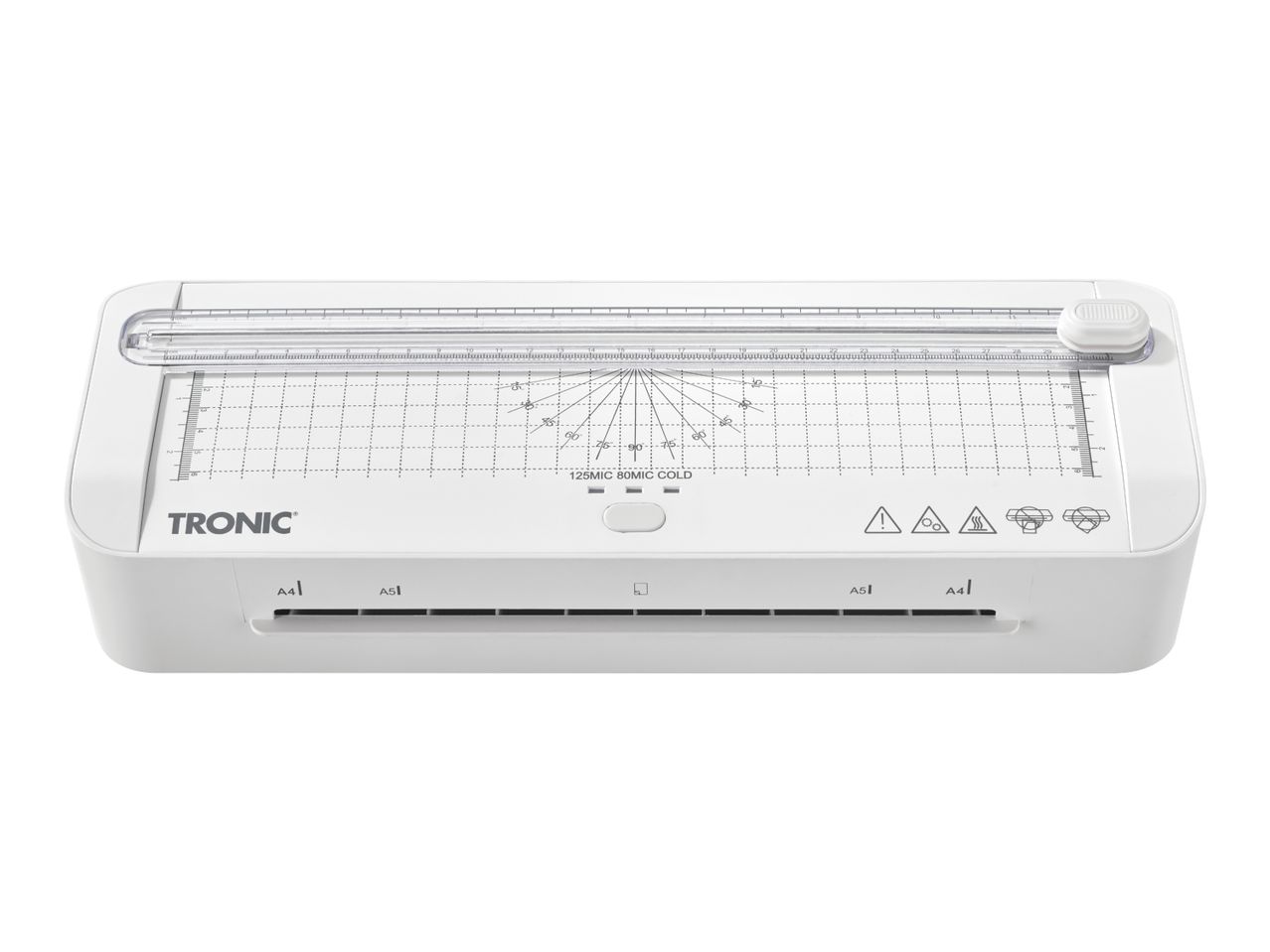White laminator with integrated paper trimmer, featuring measurement guides and settings for A4 and A5.
