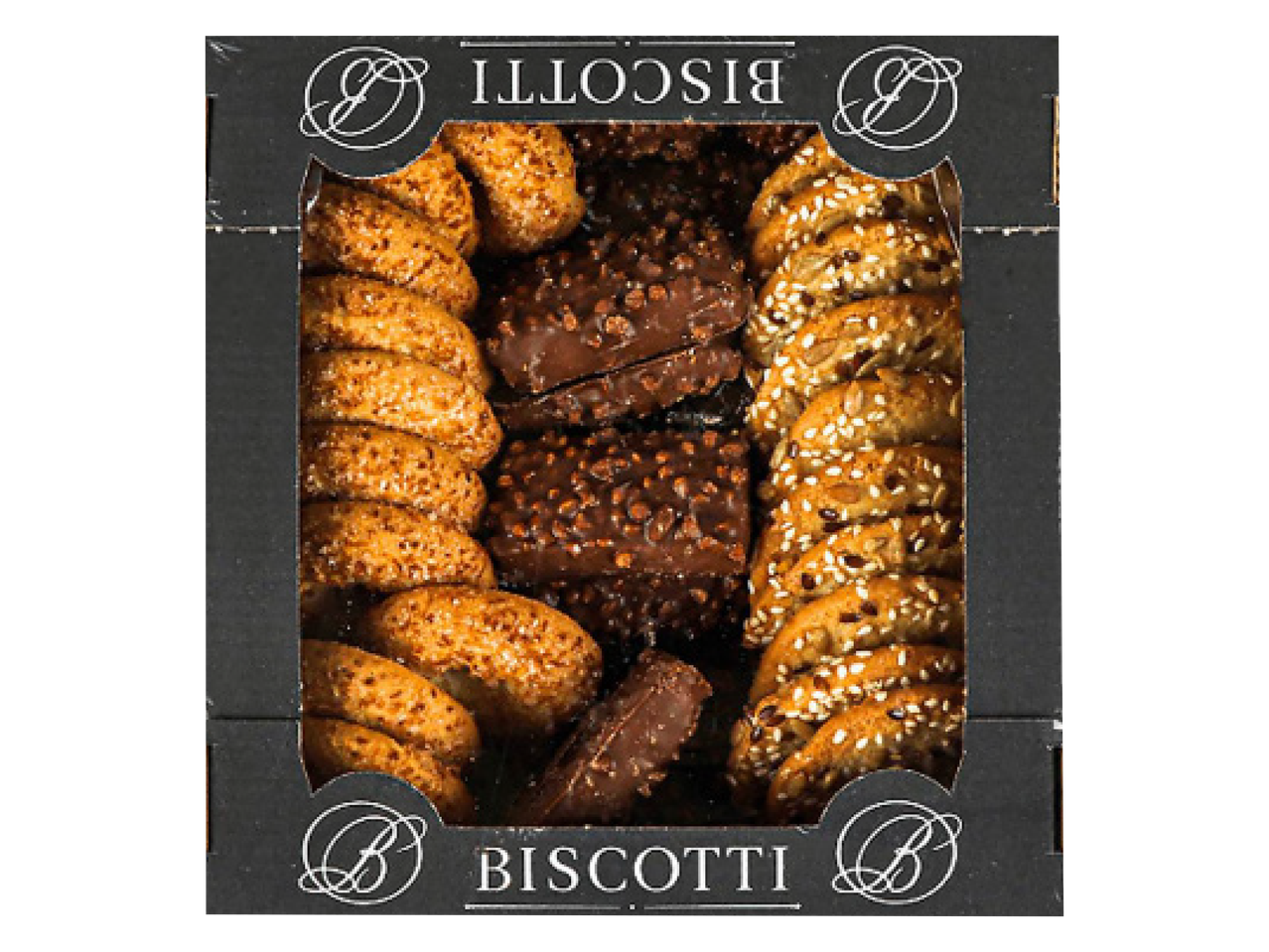 Biscotti cepumu kaste ar šokolādes un sēklu pārklājumu.