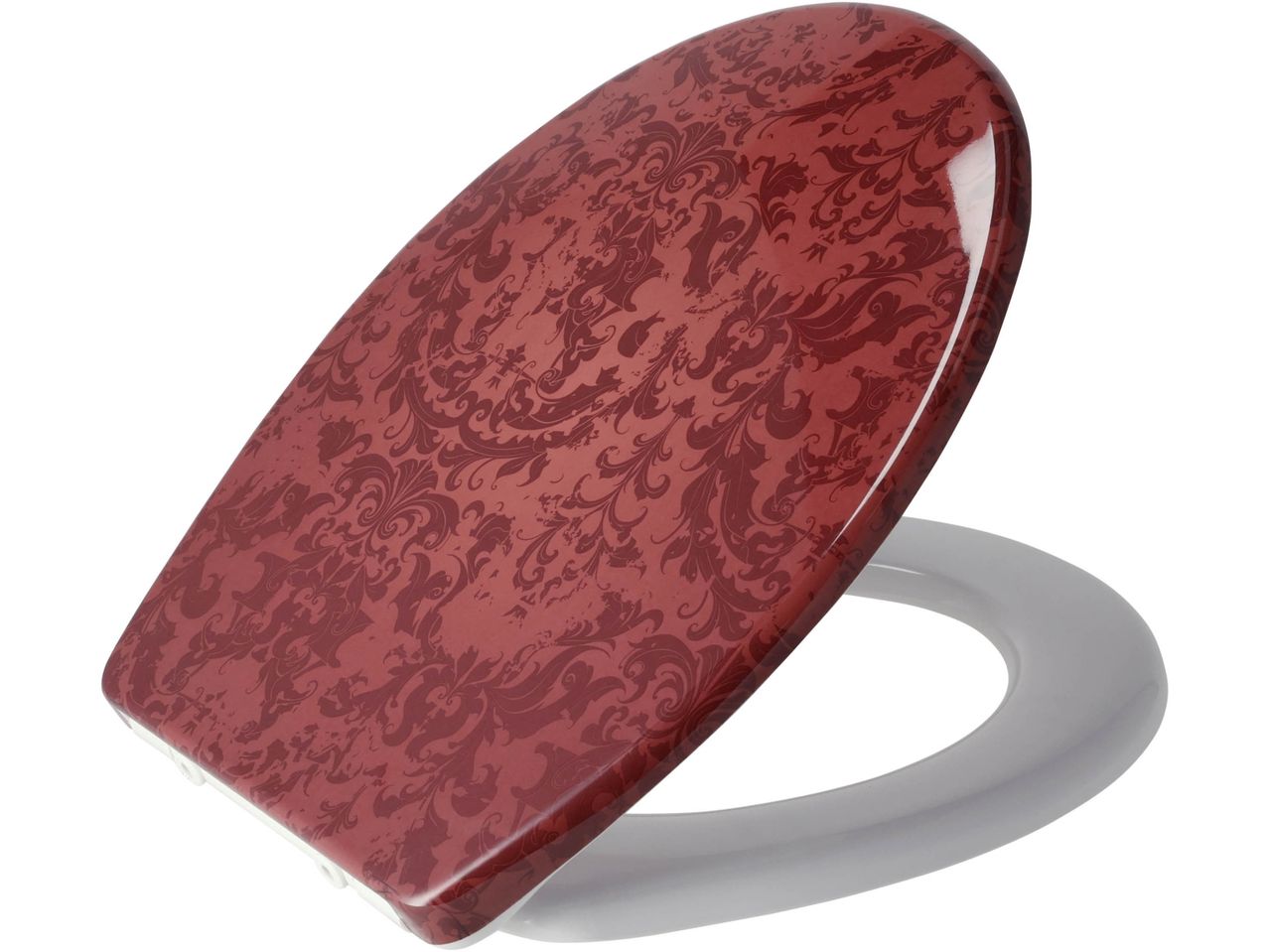 Red toilet seat with a decorative damask pattern