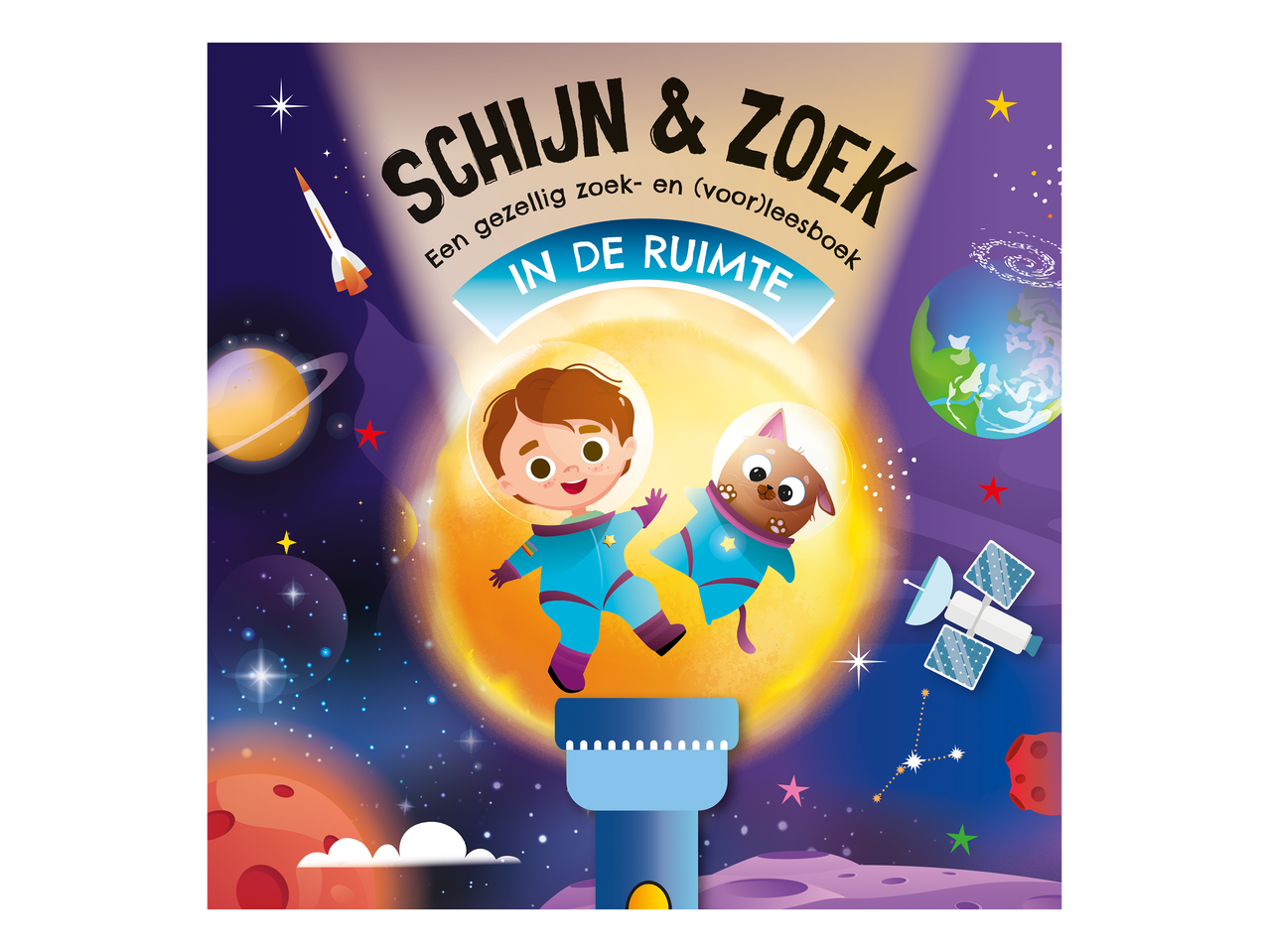 Kleurrijk kinderboek 'Schijn & Zoek in de ruimte' met een zaklamp-effect op de kaft.