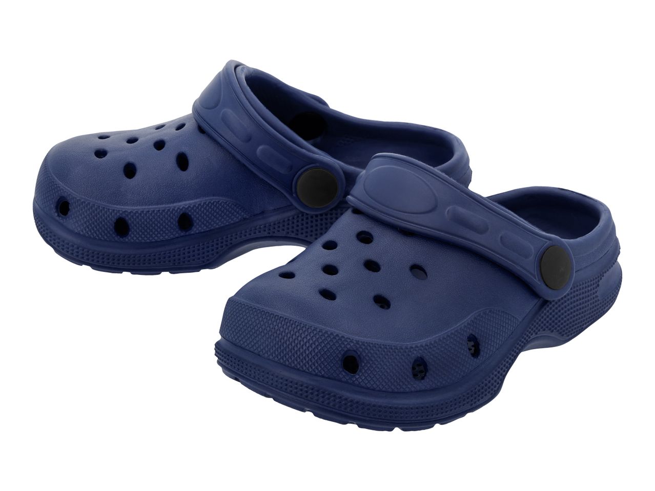 Pair of navy blue clogs with ventilation holes and adjustable heel straps