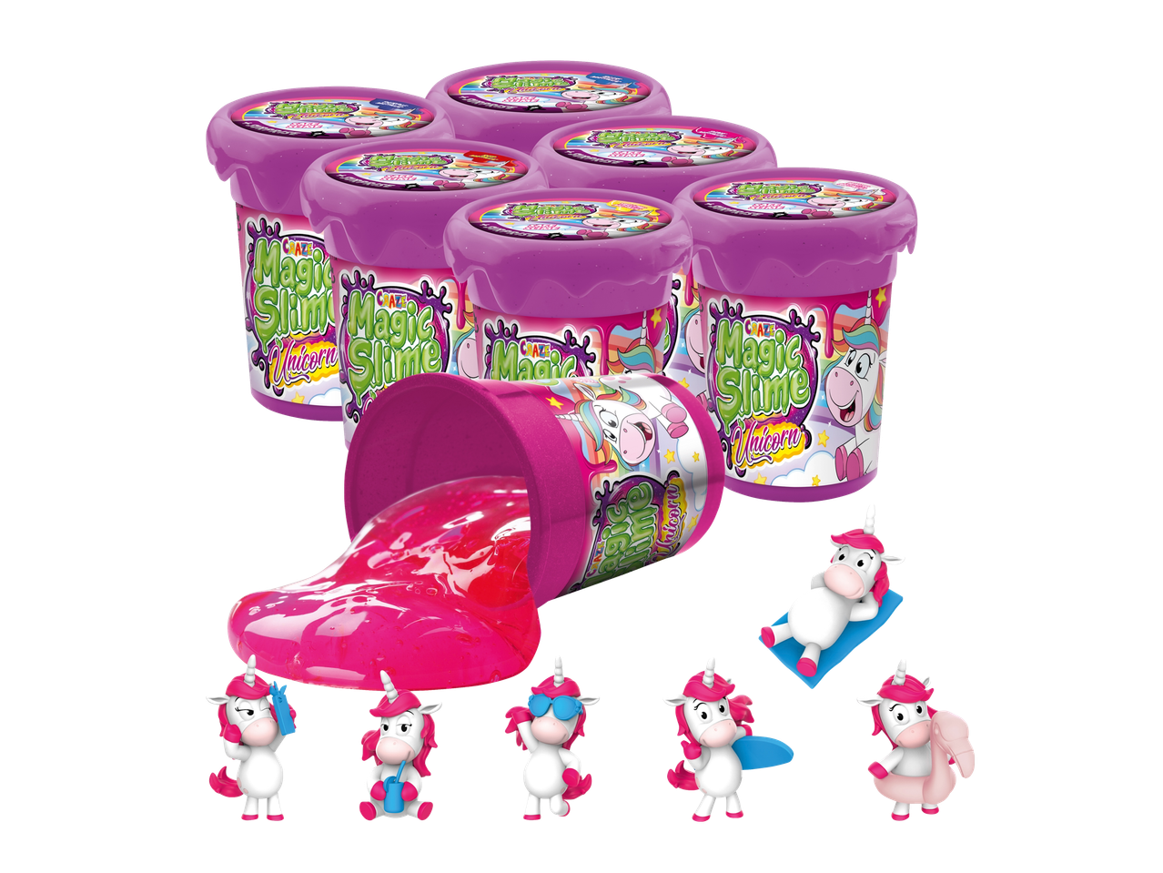 CRAZE Magic Slime ar pārsteigumu: septiņi trauki ar rozā gļotām un sešas vienradžu figūriņas.