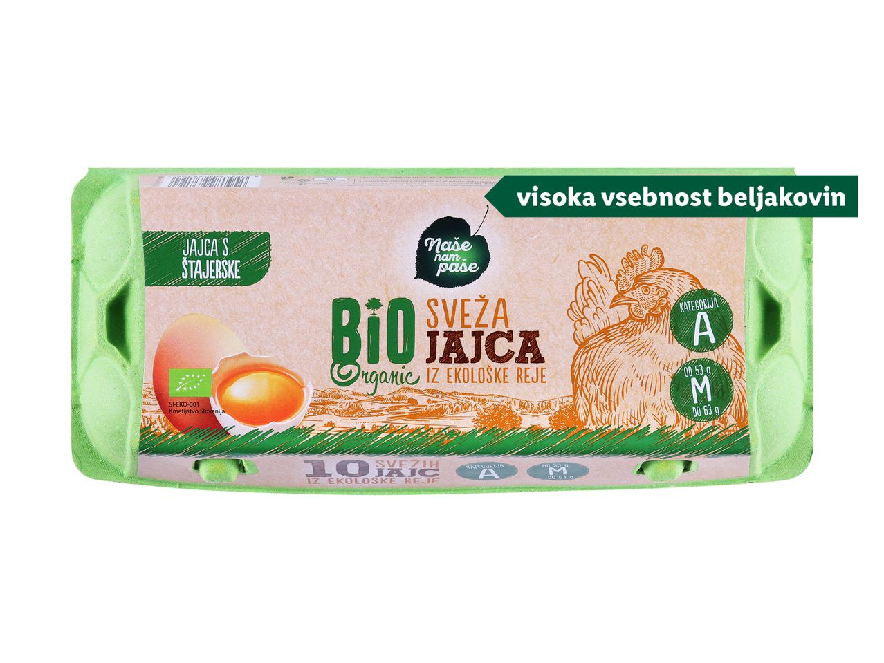Zelena embalaža za 10 ekoloških jajc s Štajerske, kategorije A, velikosti M, z visoko vsebnostjo beljakovin.