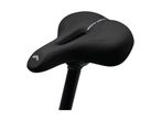 Black bicycle saddle with memory foam and an anti-vibration system, mounted on a seat post.