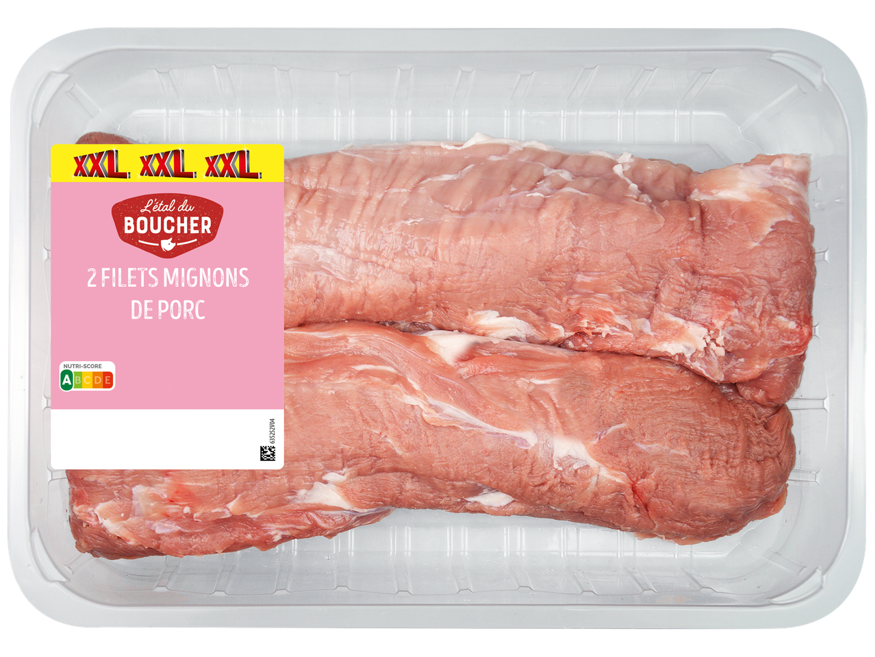 Deux filets mignons de porc dans un emballage, avec l'étiquette 'XXL' et Nutri-Score A.
