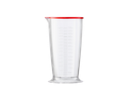 Pahar de măsurare transparent cu marcaje de volum și o margine roșie.