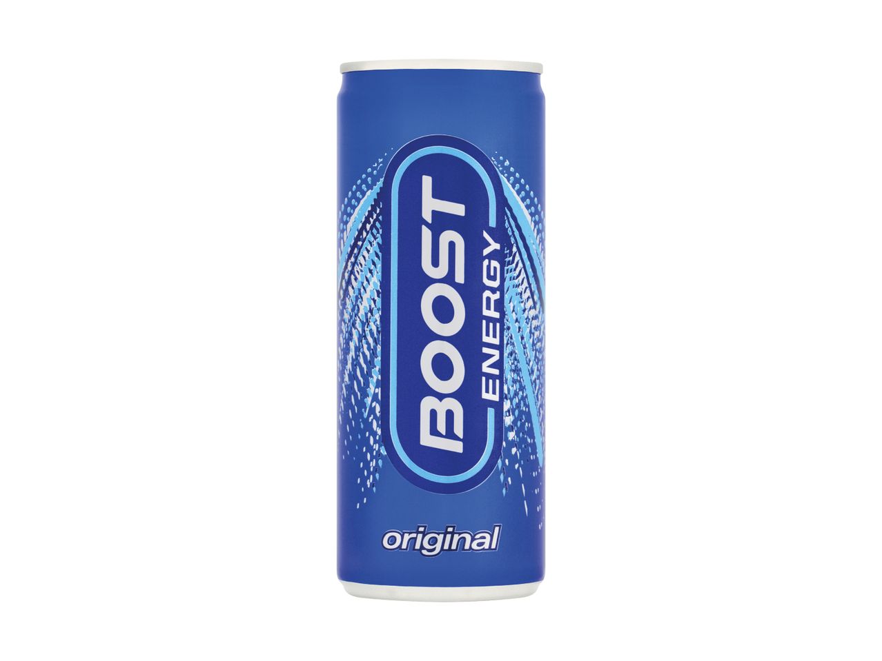 Blue energy drink can with 'BOOST ENERGY original' text and a dynamic pattern.