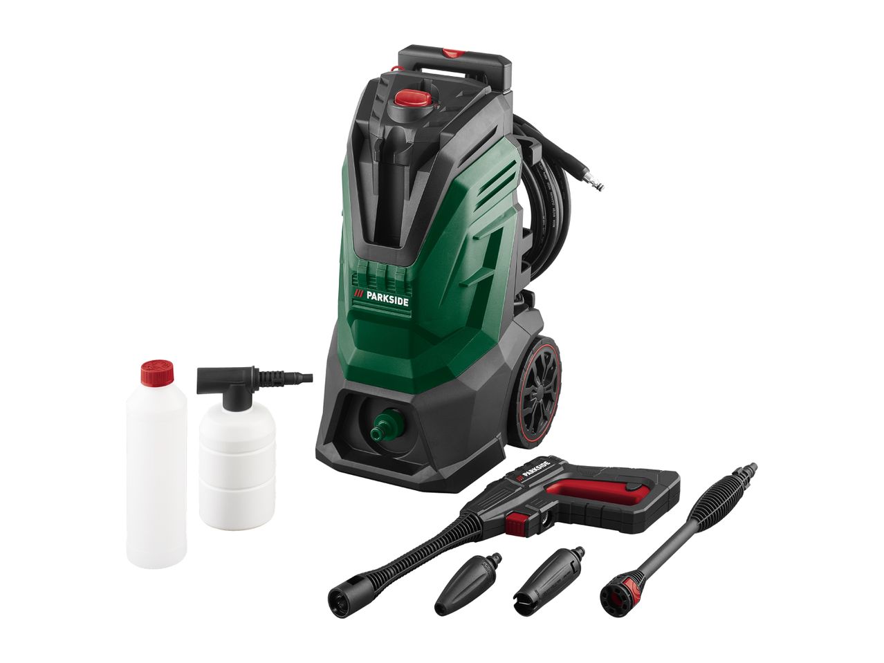 High-pressure cleaner with various nozzles, a spray gun, and two detergent bottles.