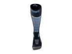 A single dark blue Crivit athletic sock with light blue and grey stripes.