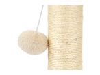 Close-up of a cat scratching post with a dangling fluffy toy ball.