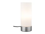 Cylindrical table lamp with a frosted white shade and a brushed metal base.