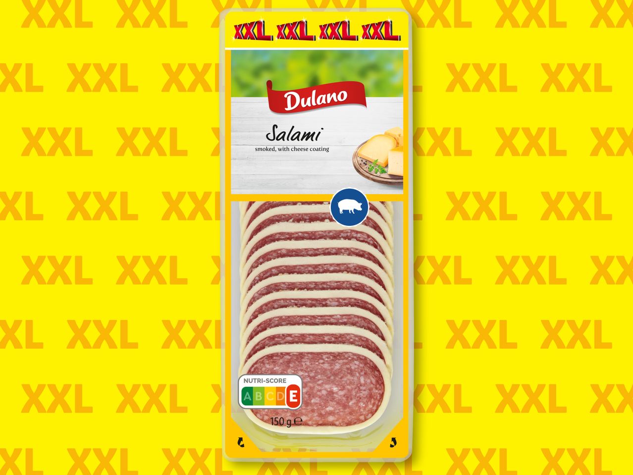 Опаковка със салам с посипка на Dulano XXL, показана върху жълт фон.