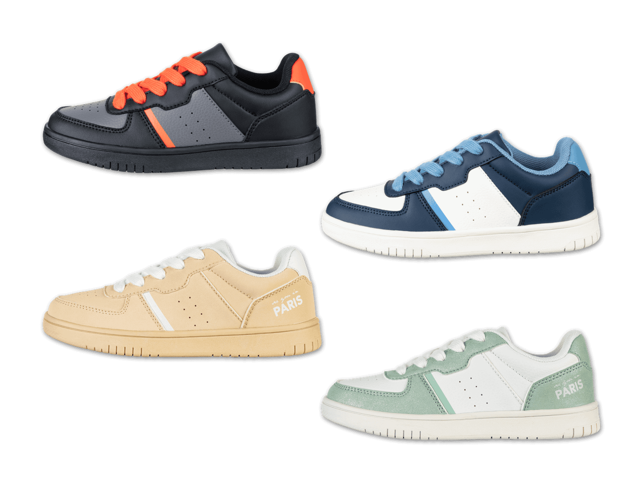 Vier Paar stylische Kinderschuhe in verschiedenen Farben und Designs.