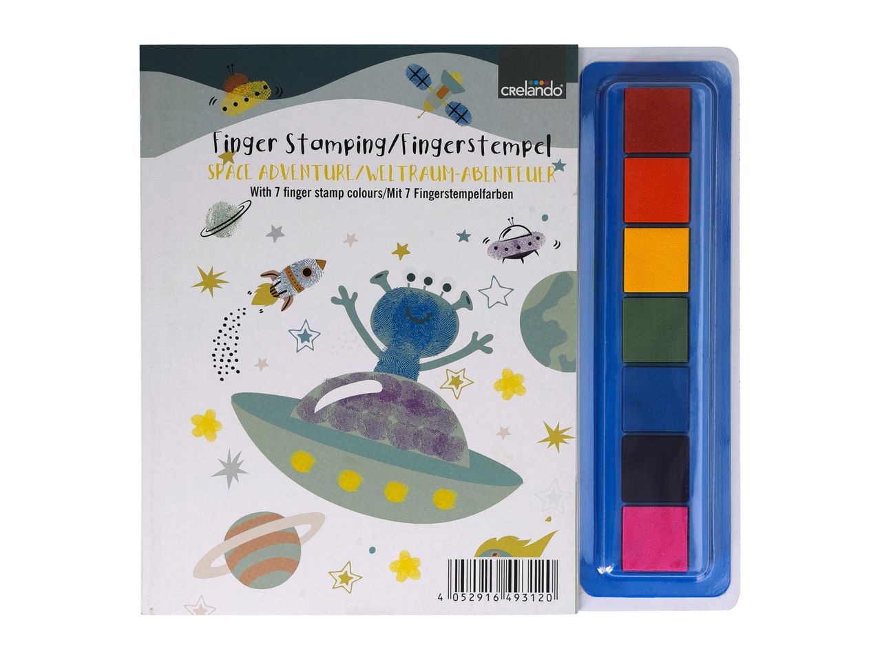 A children's watercolor paint book featuring a space theme.