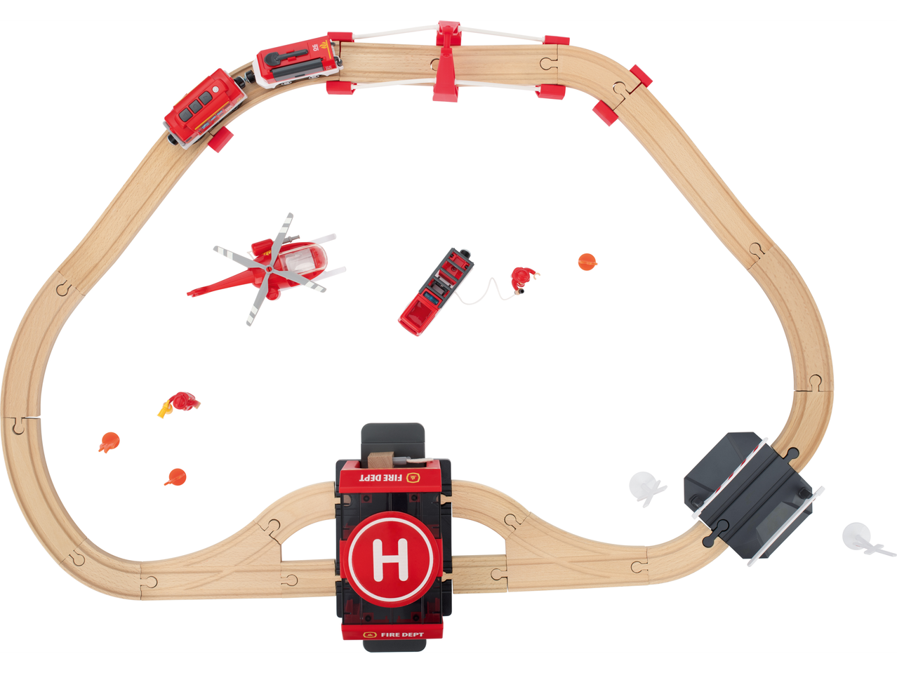 Lupilu: Vatrogasni železnički set sa vozom, helikopterom i dodacima na beloj pozadini.
