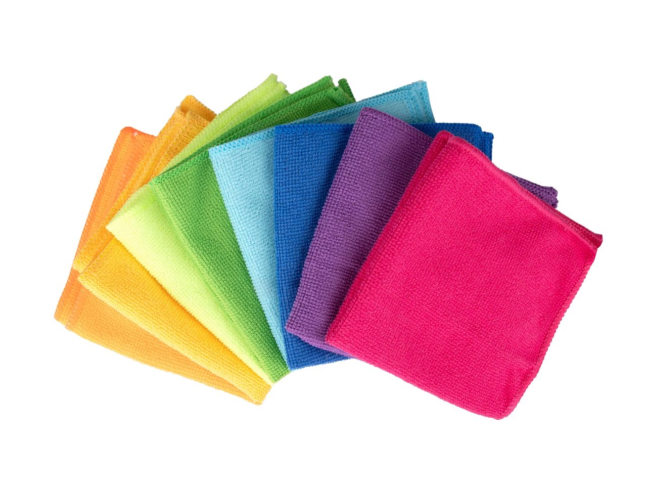 A fan of colorful microfiber cleaning cloths in rainbow order.