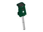 Green solar-powered animal repeller with a silver stake.