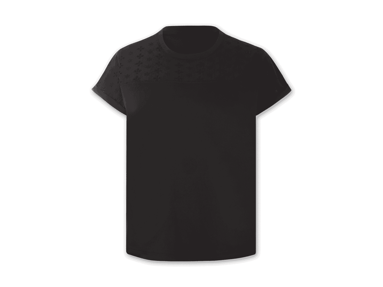 Ein schwarzes T-Shirt mit kurzen Ärmeln und floraler Stickerei am oberen Teil.