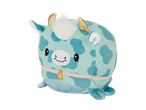 A light blue plush toy with darker blue spots, gold horns, and a white mane.