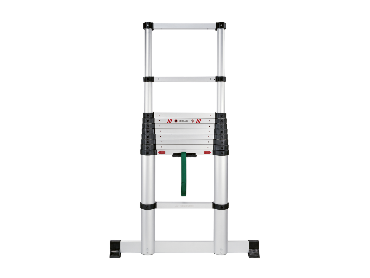 Parkside® Alu-Teleskopleiter: Scară telescopică argintie pe fundal negru.