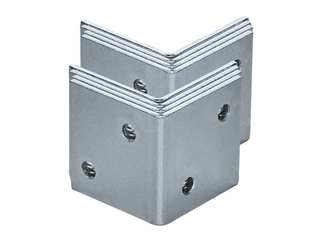 Two silver-colored metal corner brackets with screw holes