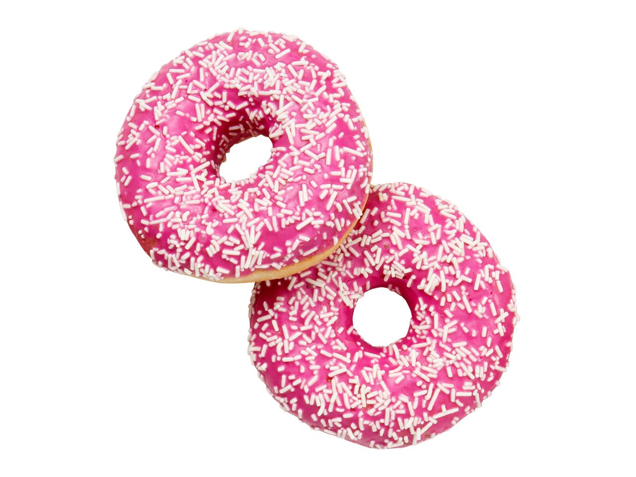 Kaksi vaaleanpunaista donitsia nonpareilleilla.