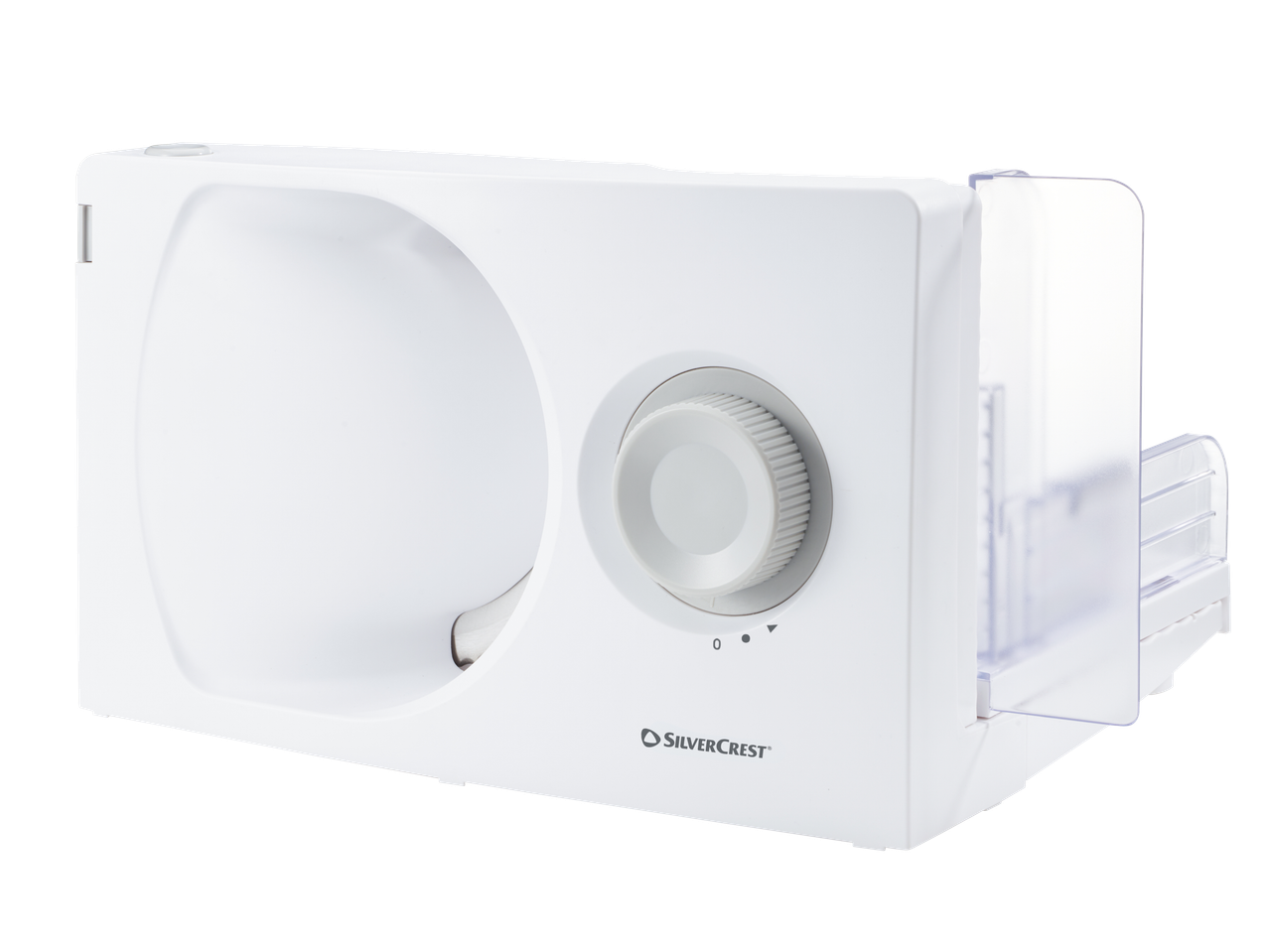 Fehér SILVERCREST elektromos szeletelő vezérlőtárcsával.