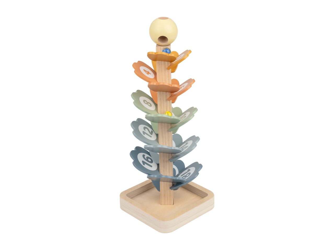Wooden marble run with colorful numbered leaves and marbles