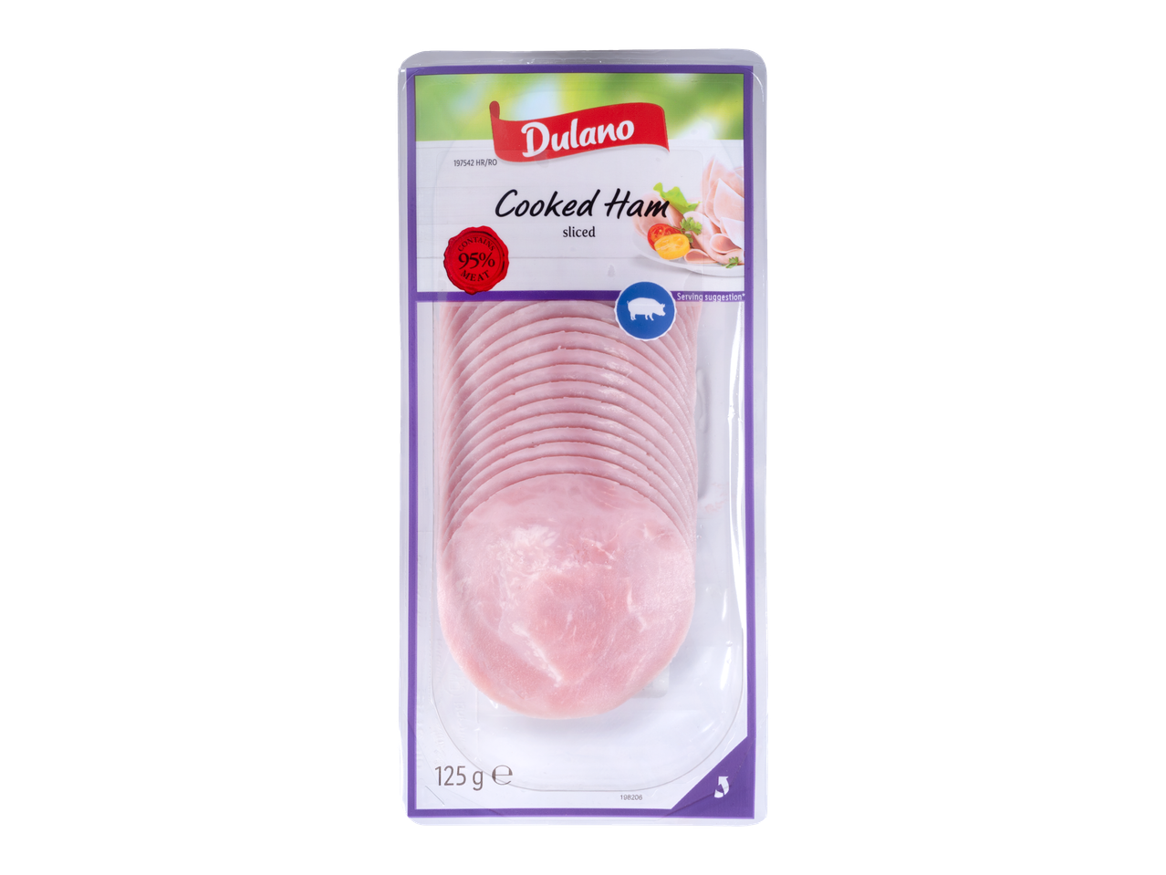 Dulano Șuncă de porc, feliată, 125g, cu 95% carne.