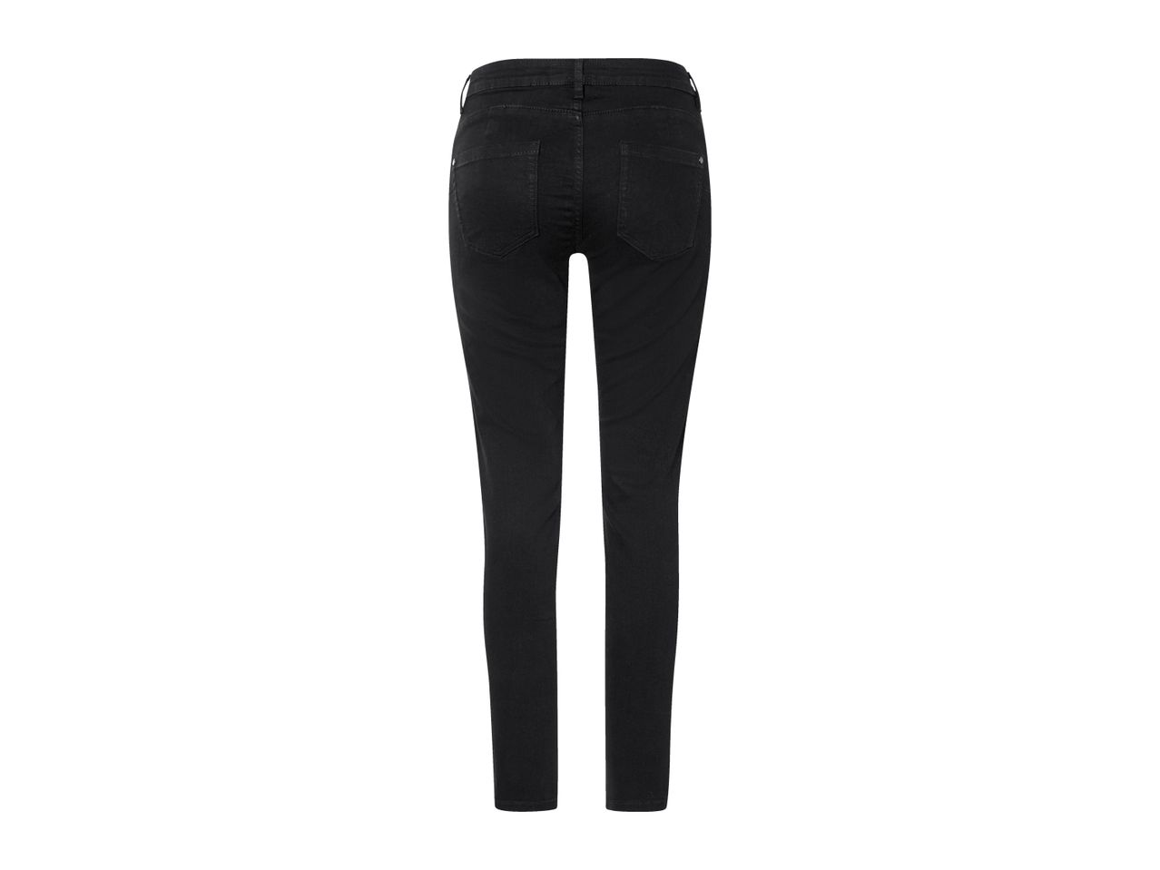Black denim jeans with back pockets and belt loops, viewed from the rear.