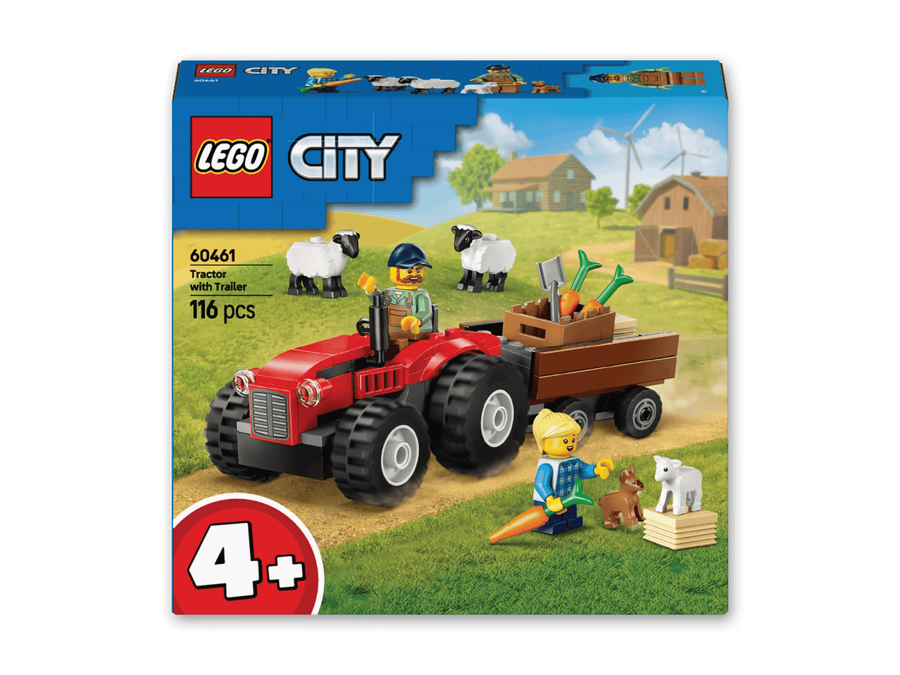 LEGO City Traktor mit Anhänger und Figuren auf einem Bauernhof.